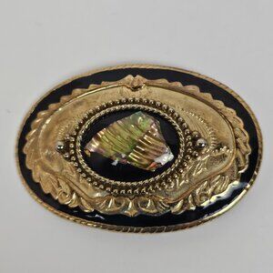 Vtg Western Belt Buckle Abalone Shell Inlay Black Enamel Ornate Gold Tone Oval‎